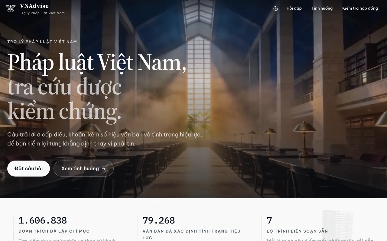 vnadvise landing page in Vietnamese: the headline “Pháp luật Việt Nam, tra cứu được kiểm chứng” over an illustration of a library reading room, two buttons, and three counts: indexed passages, documents with a known effectivity status, and 7 ready-made scenario guides.